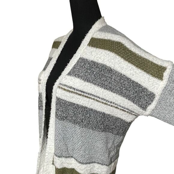 Pink Clover Gray and Green Striped Open Front Fuzzy Cardigan - Picture 2 of 6
